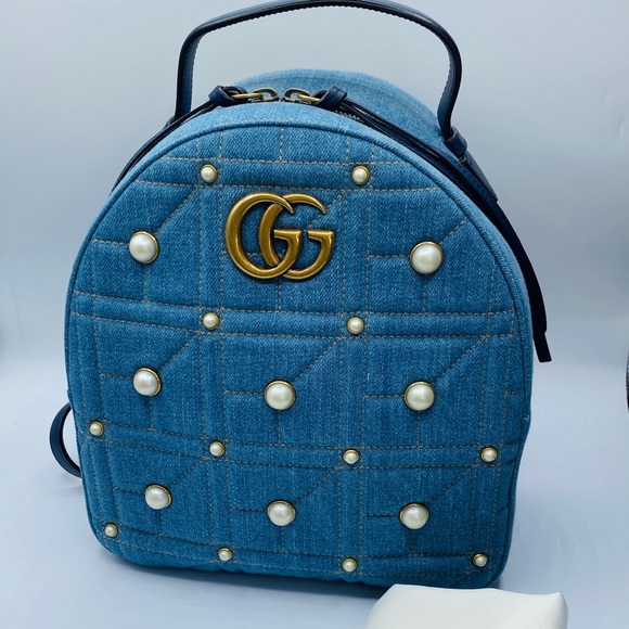 🎉SOLD🎊Gucci Gg Marmont Matelassé Denim Pearl Embellished Backpack Authentic - Picture 2 of 13